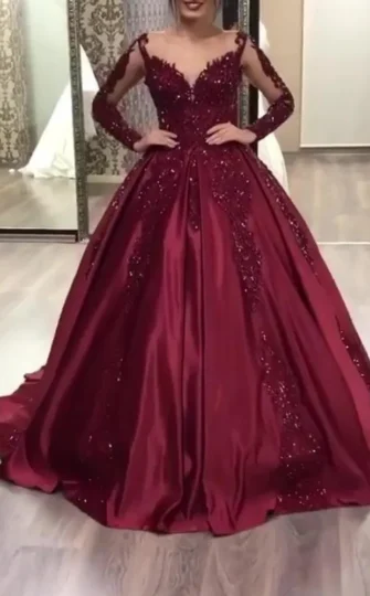 2025 Burgundy Long Sleeves Satin Prom Dresses Ball Gown Sweet 16 Dresses