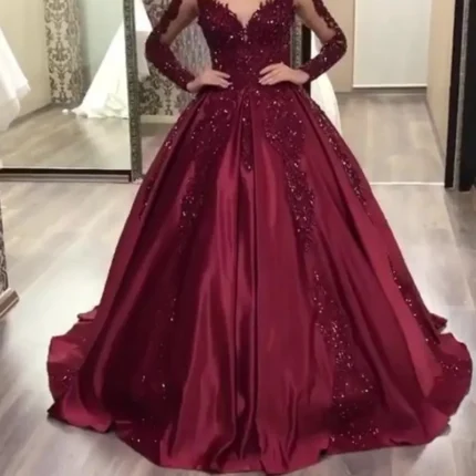 2025 Burgundy Long Sleeves Satin Prom Dresses Ball Gown Sweet 16 Dresses