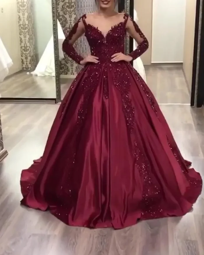 2025 Burgundy Long Sleeves Satin Prom Dresses Ball Gown Sweet 16 Dresses