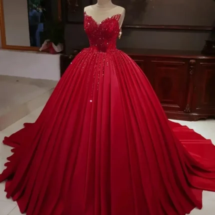 2025 Hot Red Sequins Quince Dresses Sleeveless Stretch Satin Sweet 16 Dress,