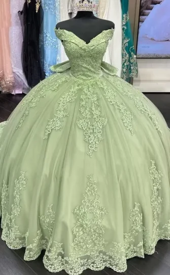 2025 Lace Sage Green Quinceanera Dresses Applique Off Shoulder Sweet 16 Dress