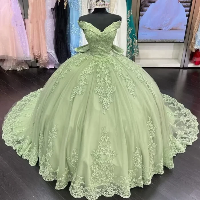 2025 Lace Sage Green Quinceanera Dresses Applique Off Shoulder Sweet 16 Dress