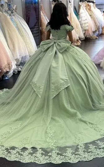 2025 Lace Sage Green Quinceanera Dresses Applique Off Shoulder Sweet 16 Dresss