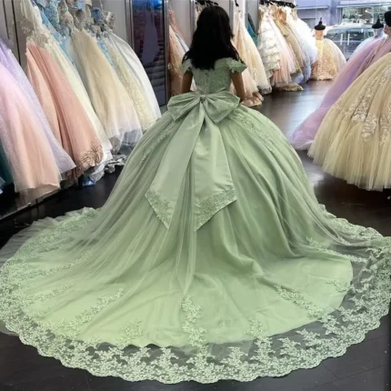 2025 Lace Sage Green Quinceanera Dresses Applique Off Shoulder Sweet 16 Dresss