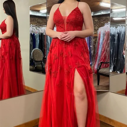 2025 Long Red Floral Prom Dresses Cheap Plunging V Neck Appliques