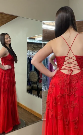 2025 Long Red Floral Prom Dresses Cheap Plunging V Neck Appliquess