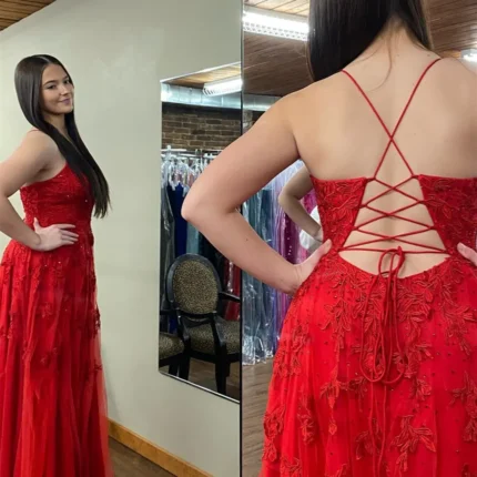 2025 Long Red Floral Prom Dresses Cheap Plunging V Neck Appliquess