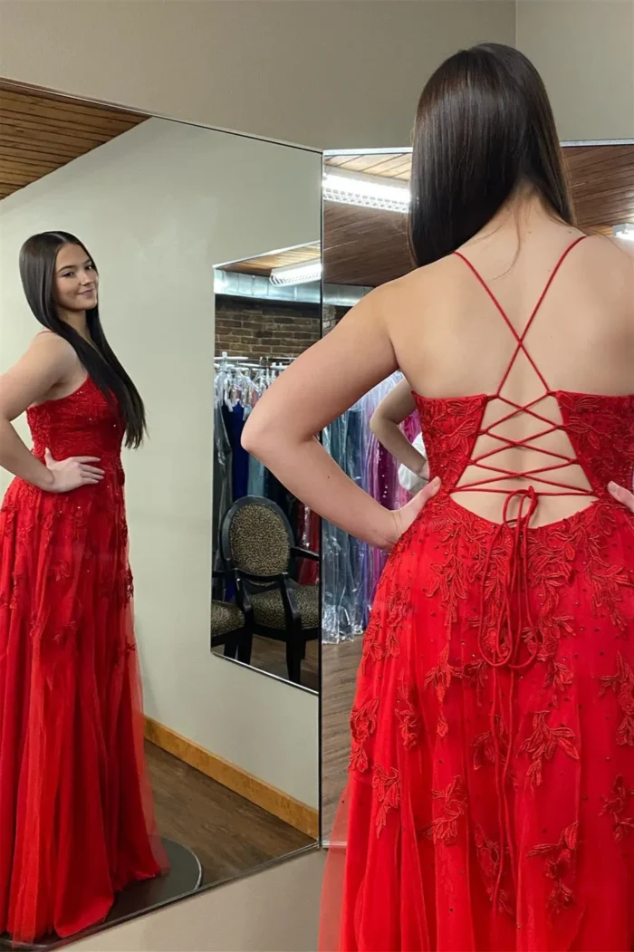 2025 Long Red Floral Prom Dresses Cheap Plunging V Neck Appliquess