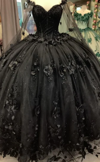 2025 New Cheap Quinceanera Dresses Black with Flowers Crystals Beaded