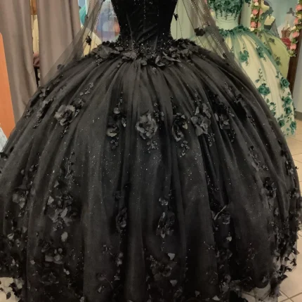 2025 New Cheap Quinceanera Dresses Black with Flowers Crystals Beaded