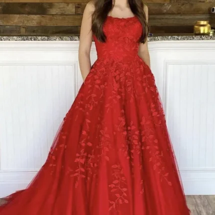 2025 Red Lace Prom Dresses A Line Floor Length Evening Gown