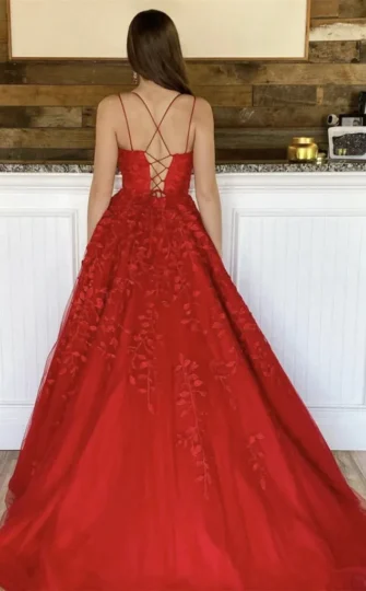 2025 Red Lace Prom Dresses A Line Floor Length Evening Gowns