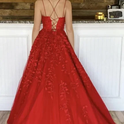 2025 Red Lace Prom Dresses A Line Floor Length Evening Gowns