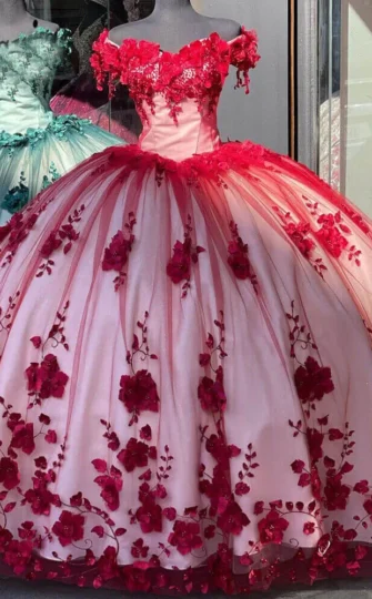 2025 Red Quinceanera Dresses Off The Shoulder 3D Flowers Sweet 16 Party Dress