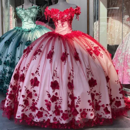 2025 Red Quinceanera Dresses Off The Shoulder 3D Flowers Sweet 16 Party Dress