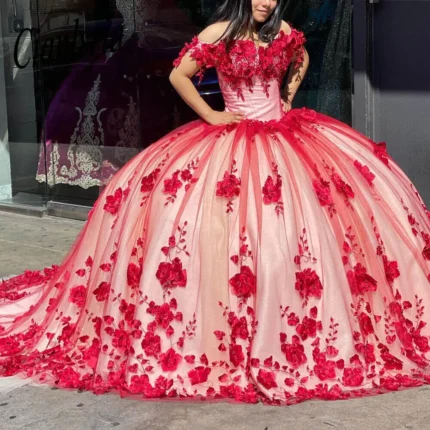 2025 Red Quinceanera Dresses Off The Shoulder 3D Flowers Sweet 16 Party Dresss