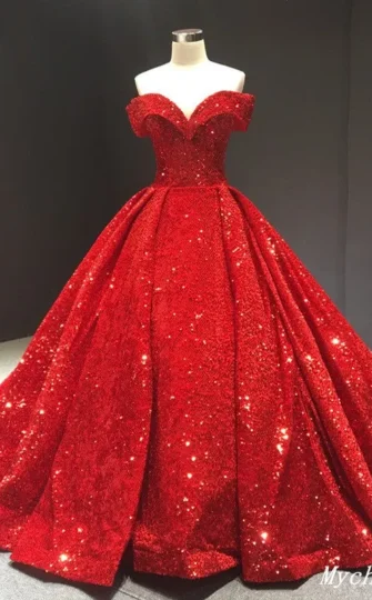 2025 Sparkly Red Ball Gown Wedding Dresses Sequin Off the Shouder Quince Dress