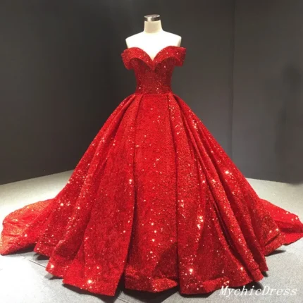 2025 Sparkly Red Ball Gown Wedding Dresses Sequin Off the Shouder Quince Dress