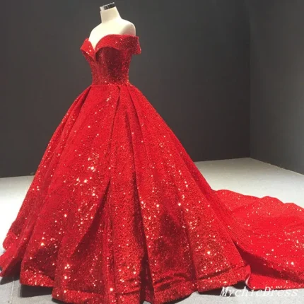 2025 Sparkly Red Ball Gown Wedding Dresses Sequin Off the Shouder Quince Dresss