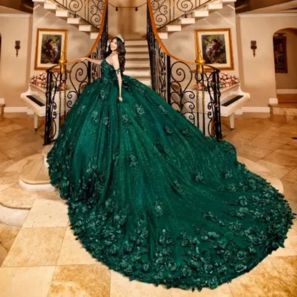 3D Flowers Emerald Green Quinceanera Dresses Ball Gown Quince Dress