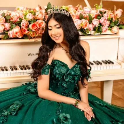 3D Flowers Emerald Green Quinceanera Dresses Ball Gown Quince Dresss