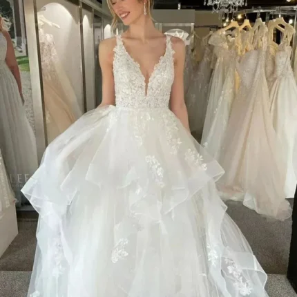 A Line Beach Tiered Ruffles Wedding Dress Lace Appliques V Neck Tulle