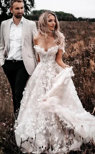 A Line Floral Lace Beach Country Wedding Dresses Off the Shoulder Bridal Gown