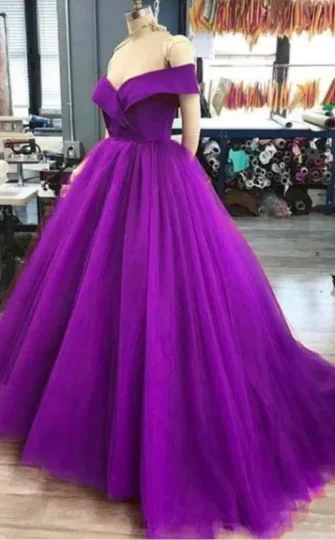 A Line Off the Shoulder 2025 Purple Tulle Prom Dresses Long Evening Gown