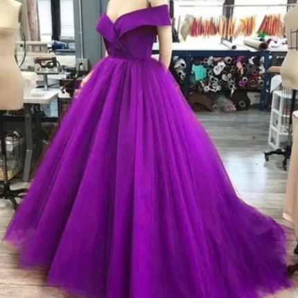 A Line Off the Shoulder 2025 Purple Tulle Prom Dresses Long Evening Gown