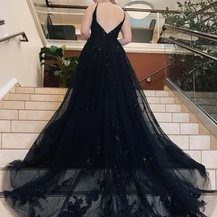 A-Line Plus Size Black 2025 Prom Dresses Lace Spaghetti Straps Tulle Formal Dresss