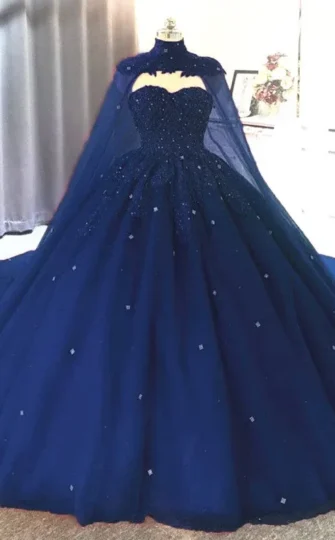 Ball Gown 2025 Navy Blue Tulle Lace Crystals Quinceanera Dresses With Cape