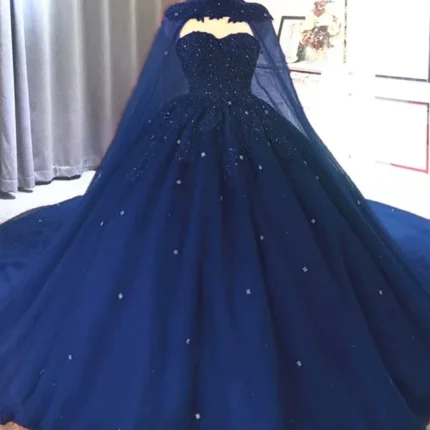 Ball Gown 2025 Navy Blue Tulle Lace Crystals Quinceanera Dresses With Cape