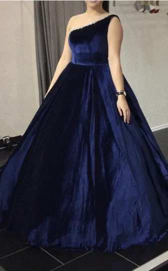 Ball Gown One Shoulder Velvet Navy Plus Size Prom Dresses with Beaded