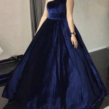 Ball Gown One Shoulder Velvet Navy Plus Size Prom Dresses with Beaded