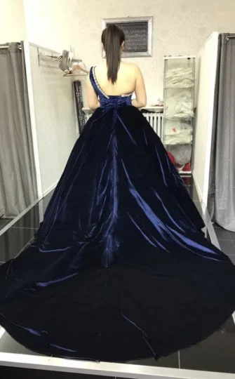 Ball Gown One Shoulder Velvet Navy Plus Size Prom Dresses with Beadeds