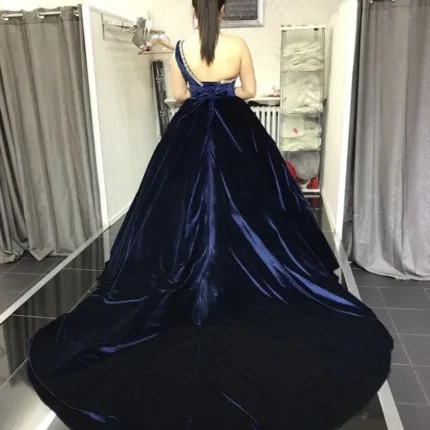 Ball Gown One Shoulder Velvet Navy Plus Size Prom Dresses with Beadeds