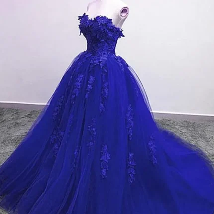 Blue Lace Floral Prom Dresses Tulle Applique Sweetheart Ball Gown Formal Dresses