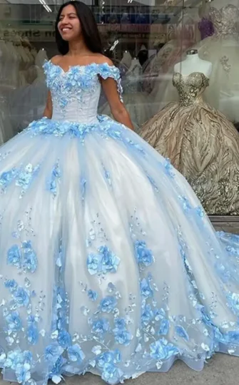 Blue Lace Sweet 16 Dress Off The Shoulder 3D Flowers Quinceanera Dresses