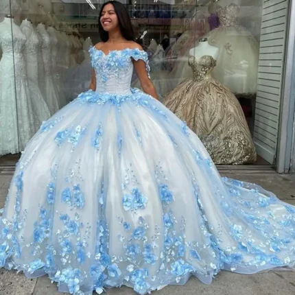 Blue Lace Sweet 16 Dress Off The Shoulder 3D Flowers Quinceanera Dresses