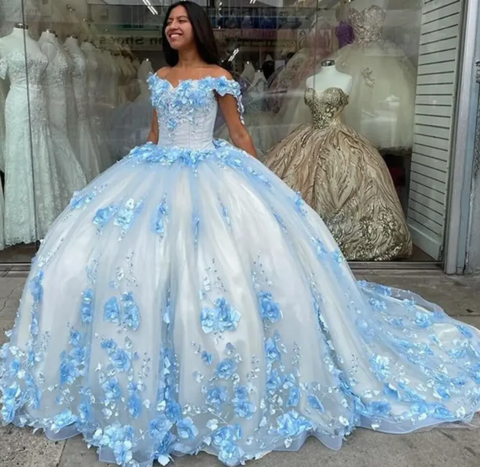 Blue Lace Sweet 16 Dress Off The Shoulder 3D Flowers Quinceanera Dresses