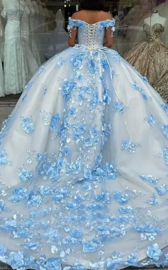 Blue Lace Sweet 16 Dress Off The Shoulder 3D Flowers Quinceanera Dressess