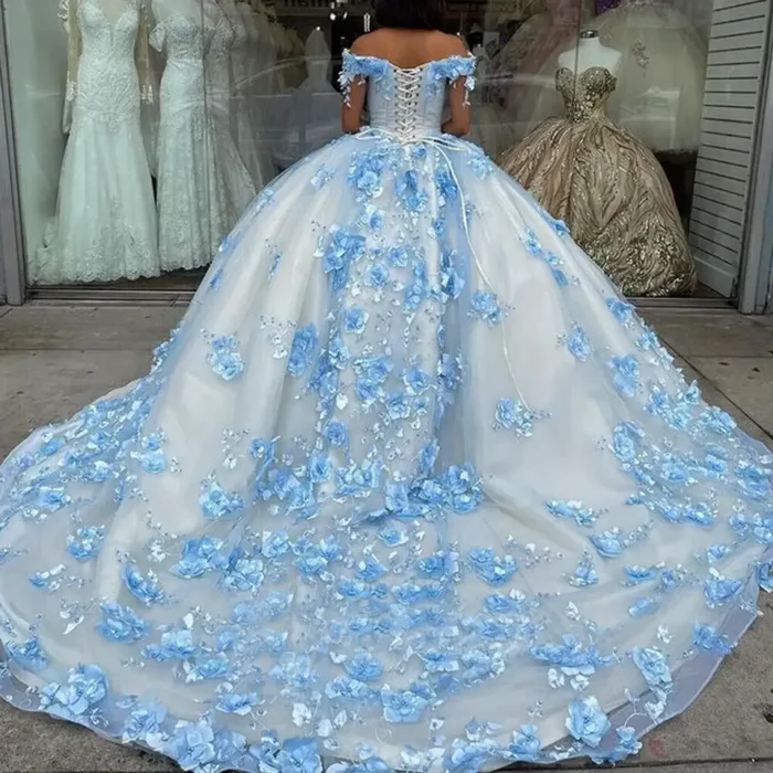 Blue Lace Sweet 16 Dress Off The Shoulder 3D Flowers Quinceanera Dressess