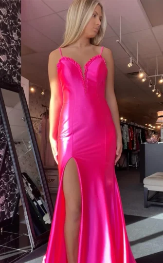 Cheap 2025 Fuchsia Prom Dress Satin Mermaid Long Formal Wears