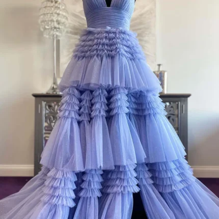 Cheap 2025 Prom Dresses Sequin Tulle V Neck Ruffles Formal Dresses Long