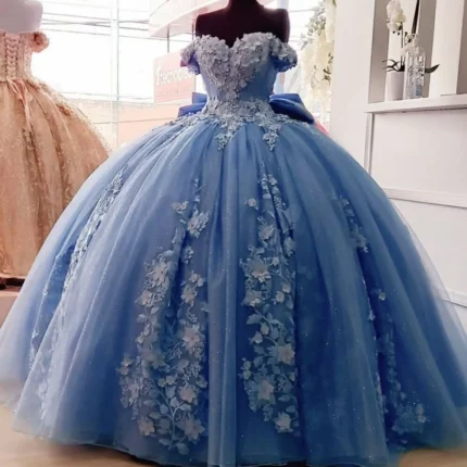 Cheap Dusty Blue Quinceanera Dresses Floral Sweet 16 Princess Dresses