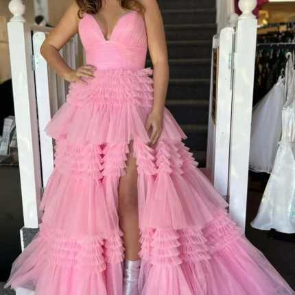 Cheap Tulle Prom Dresses V Neck Spaghetti Straps Formal Dresses Long