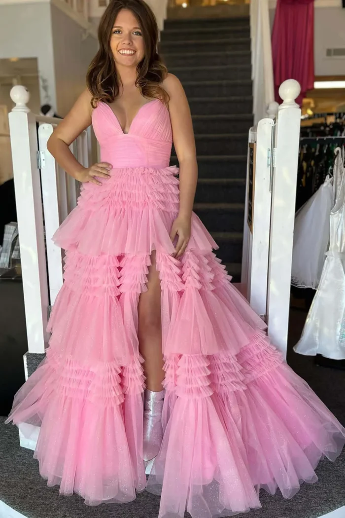 Cheap Tulle Prom Dresses V Neck Spaghetti Straps Formal Dresses Long