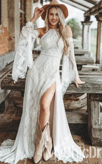 Customized Halter Boho White Ethereal Wedding Dresses Lace Mermaid