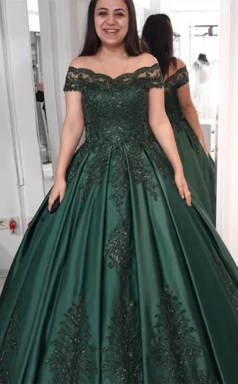 Emerald Green Wedding Dress Off Shoulder Beaded Quince Dress Appliques