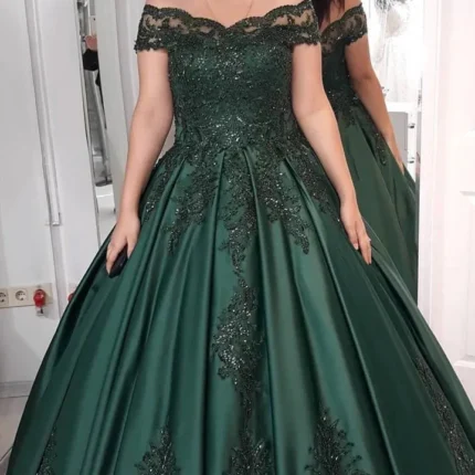 Emerald Green Wedding Dress Off Shoulder Beaded Quince Dress Appliques